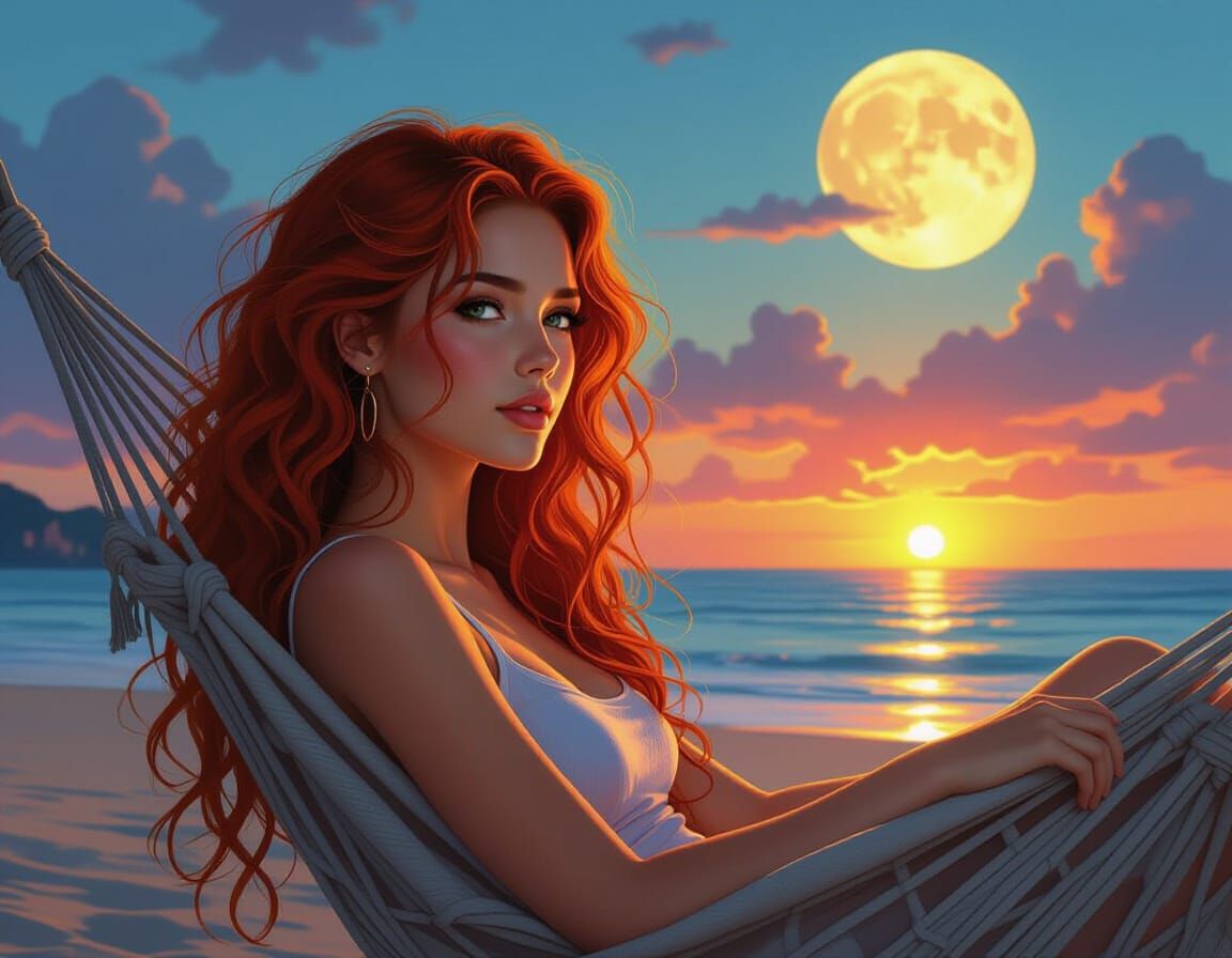 Red-Haired Woman Relaxing in Hammock at Sunset