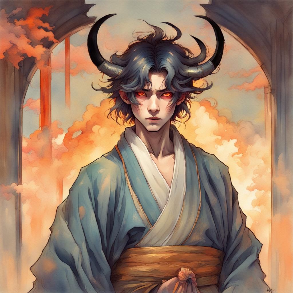 Ethereal Young Japanese Demon in Gouache Impressionism