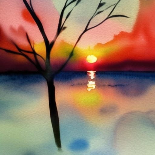 Photorealistic Watercolor Sunset Landscape with Brilliant Fo...