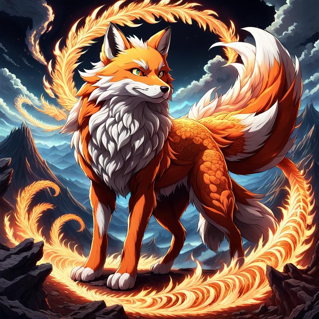 Majestic Nine-Tailed Fox in Volcanic Inferno