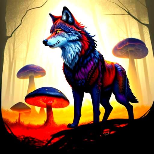 Majestic Crimson Wolf in a Mystical Forest