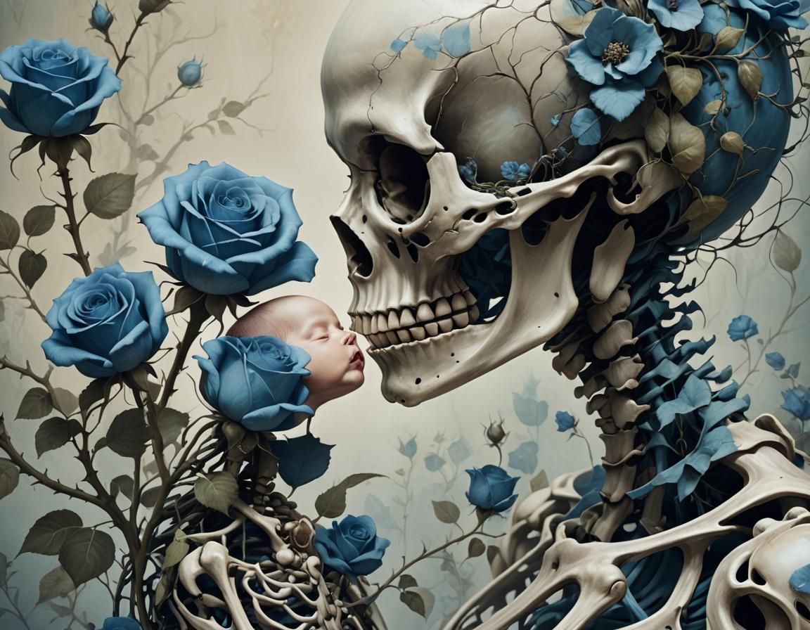 Surreal Skeleton Tenderly Renders a Blue Rose