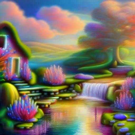 Colorful Cottage By Waterfall