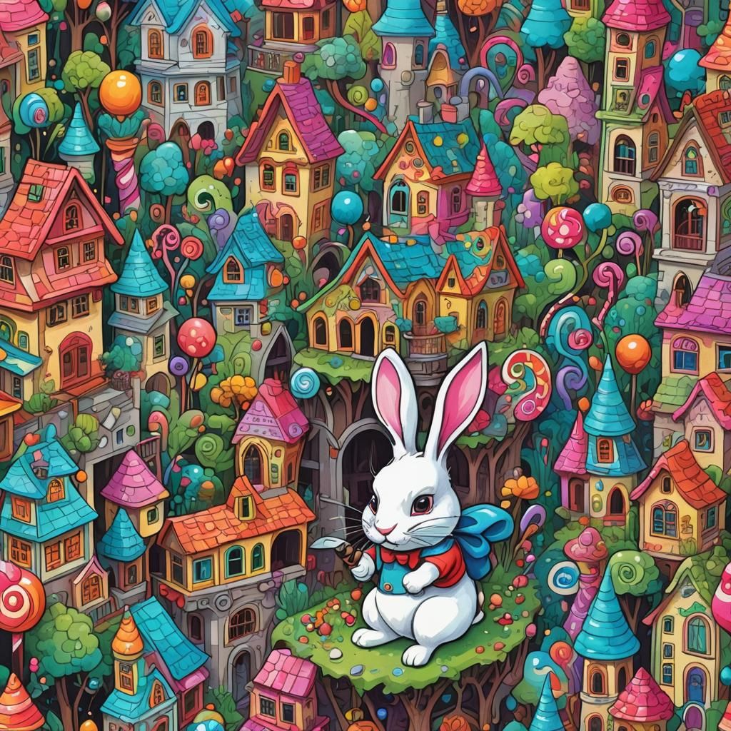 Vibrant Bunny Battles Candyland Castle in Gouache Swirls