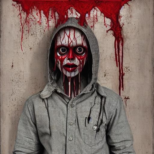 Surreal Horror Scene with Man in Red Dripping Eyes