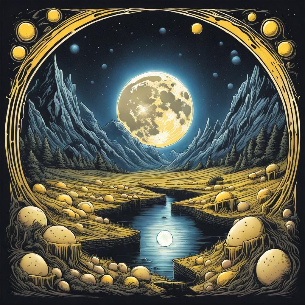 Glowing Swiss Cheese Moon in Comic Book Art Style