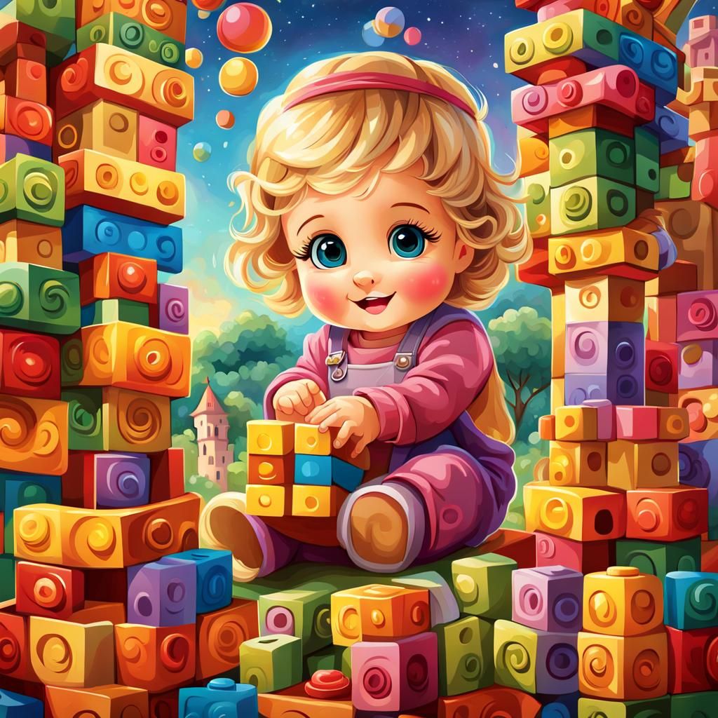 Cute Girl Builds Whimsical Block Tower