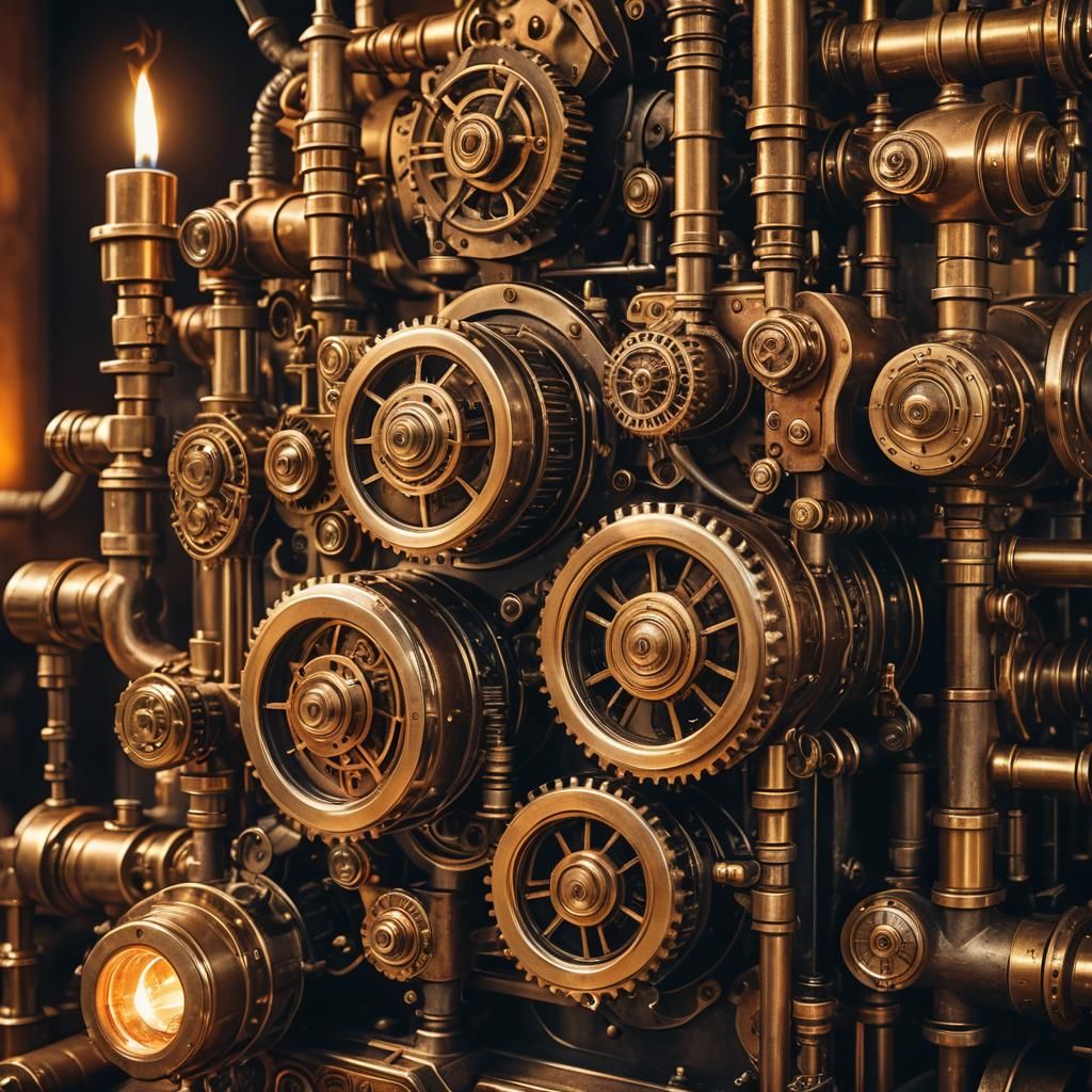 Intricate Victorian-Inspired Steam Engine in Golden Hour