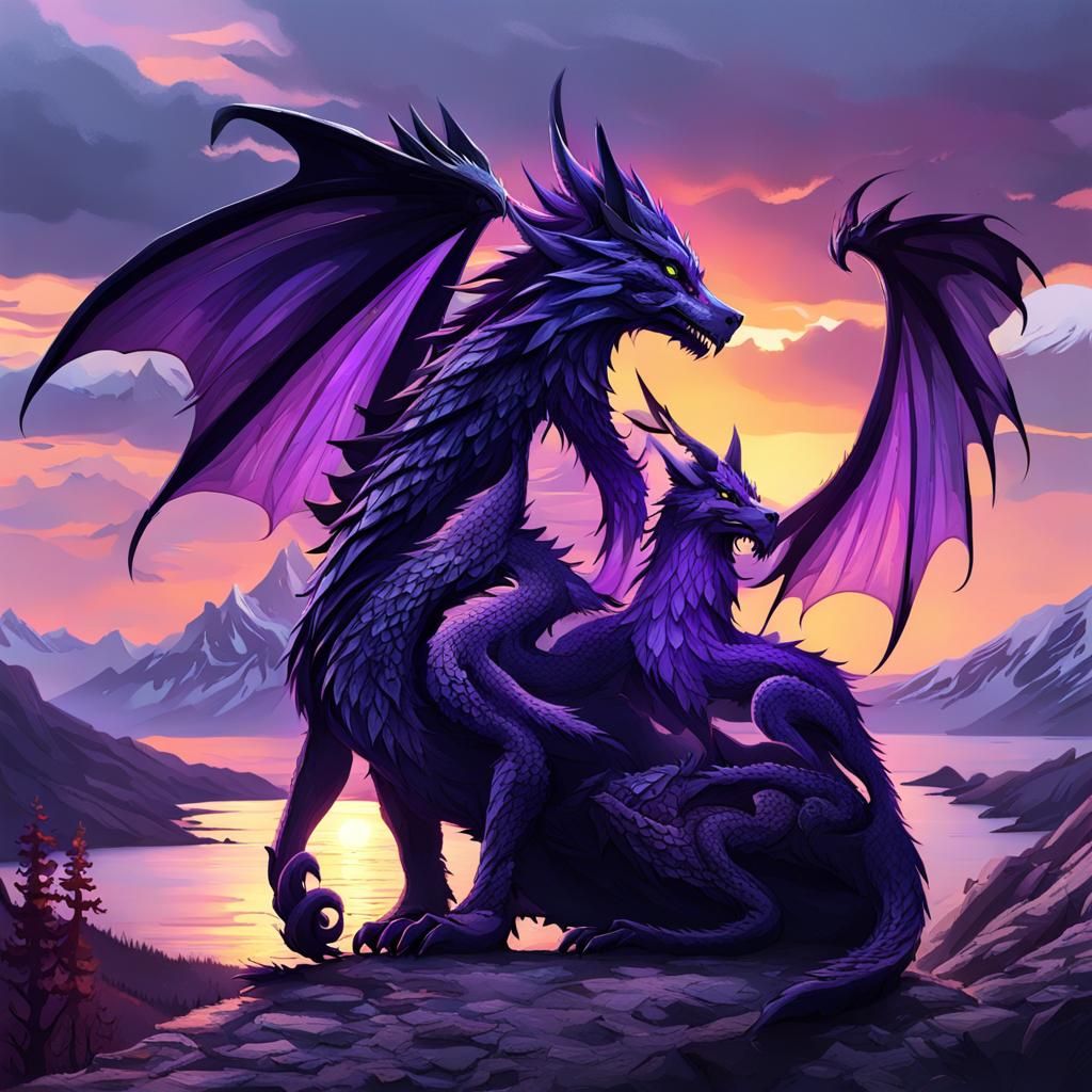 Majestic Dragon Wolf Hybrid Amidst Vibrant Sunset