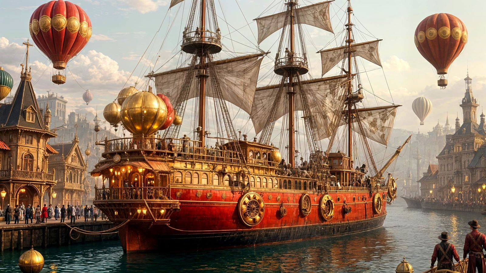 Steampunk Harbor Scene with Crimson & Gold Airship Docking