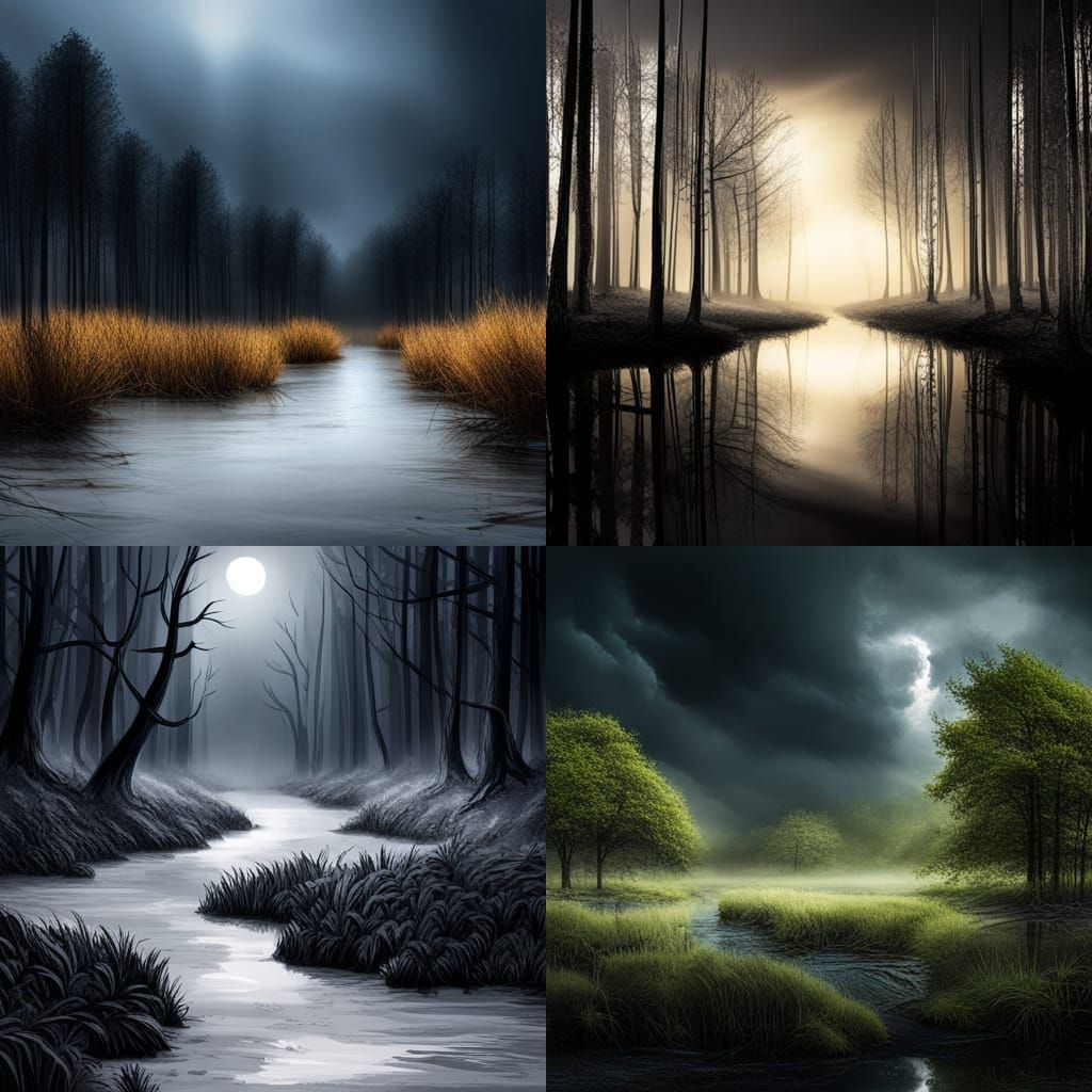 Moonlit Swamp Oasis Under a Stormy Night Sky