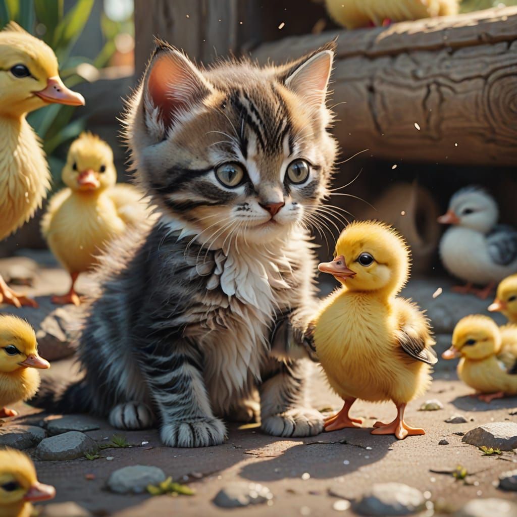 Whimsical Kitten and Duckling Playtime in Pastel Hues