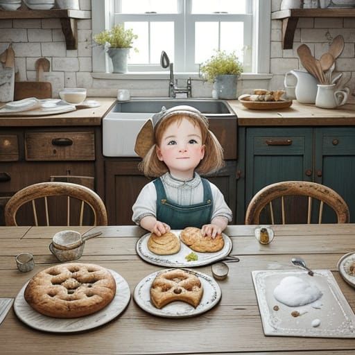 Whimsical Flour-Covered Child in Cozy Kitchen Scene