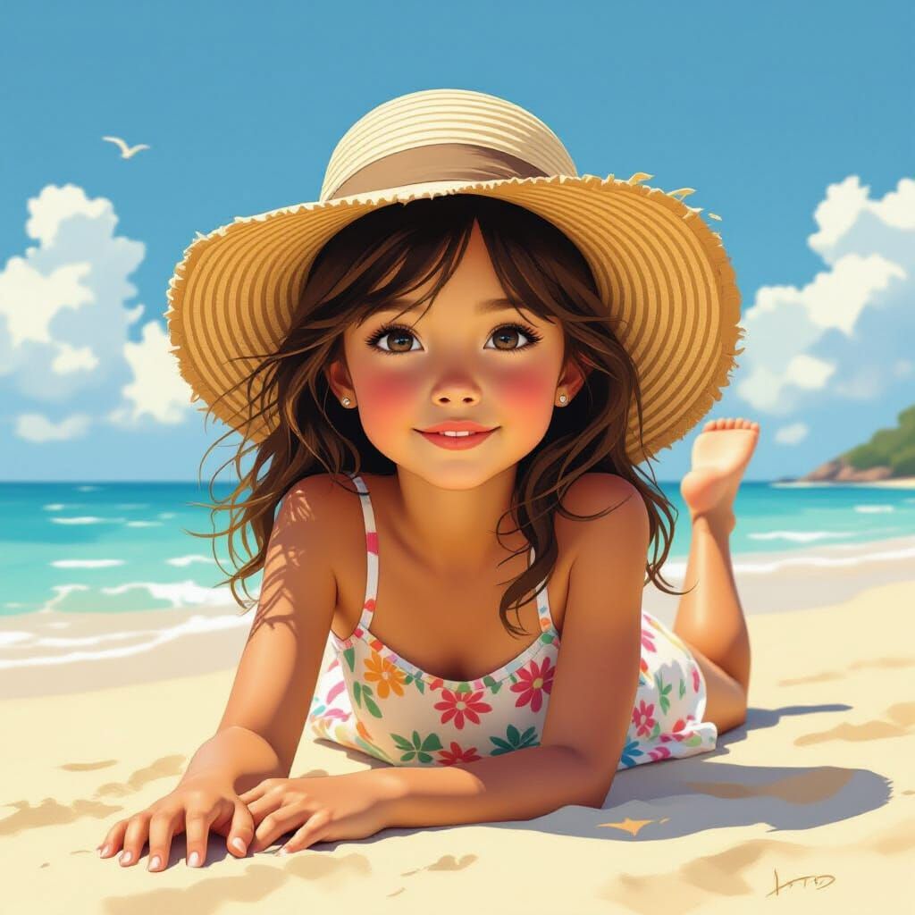 Girl Sunbathing on Beach in Vibrant Style
