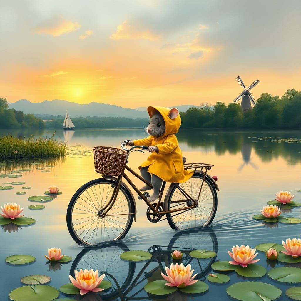 Whimsical Mouse Rides Vintage Bicycle Across Serene Lake at ...