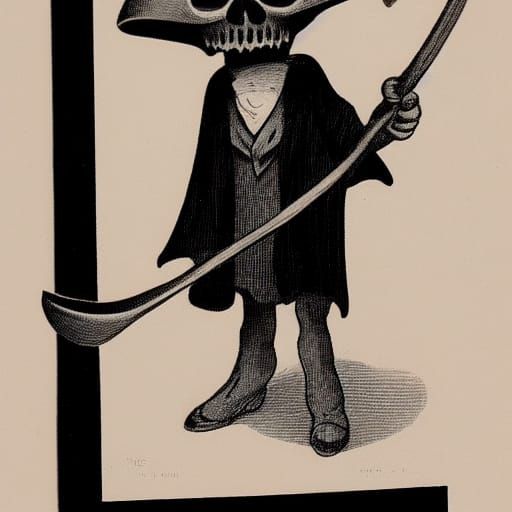 Vintage Cartoon Grim Reaper Character in a Tiny Skull Mask