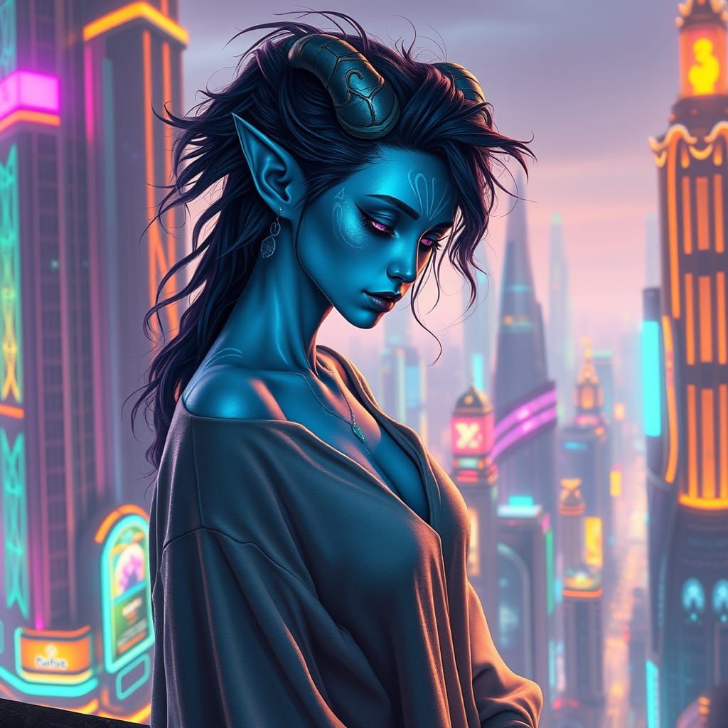 Ethereal Draenei Girl in Futuristic Cityscape