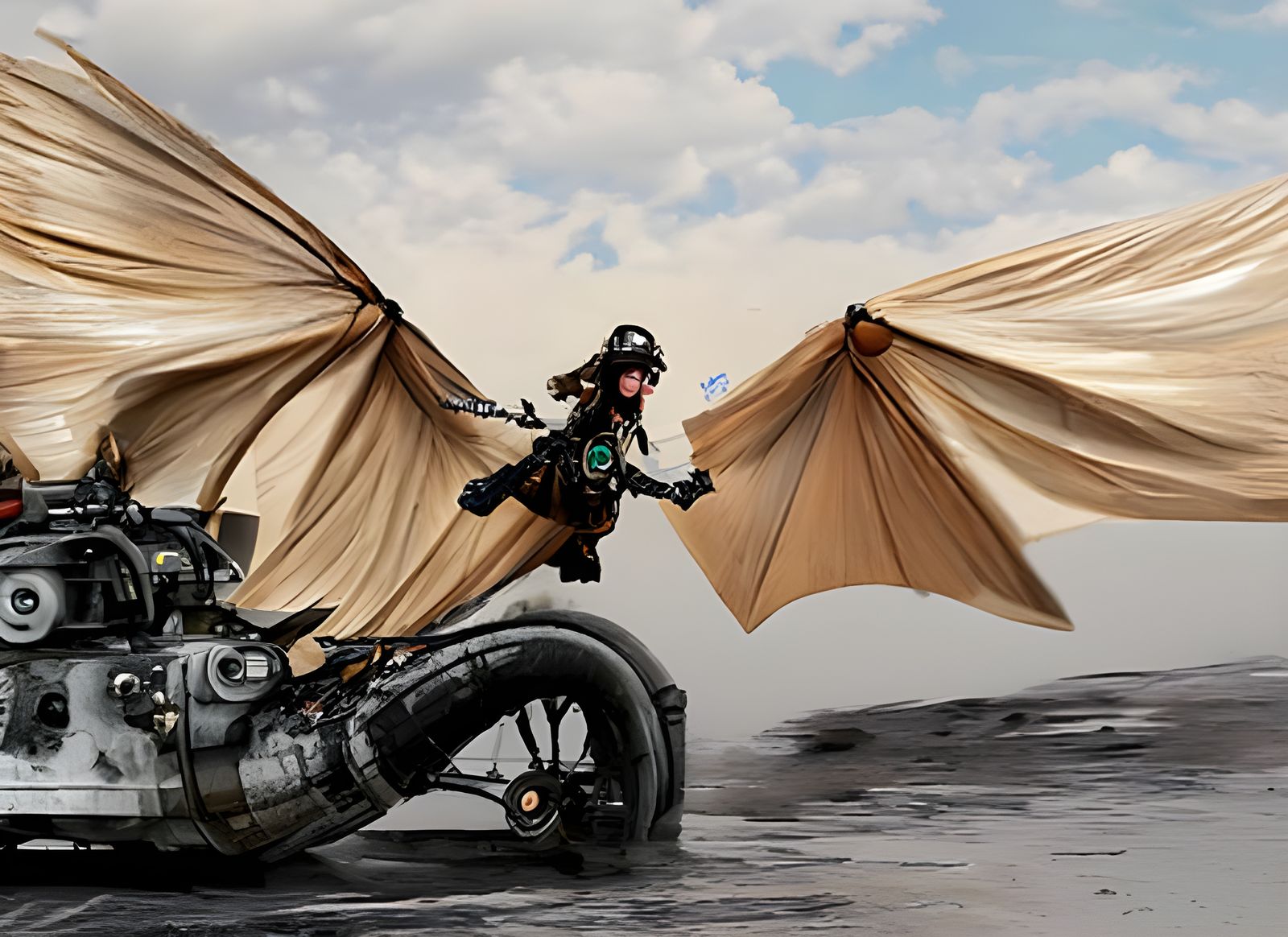 Flying with steampunk wingsuit