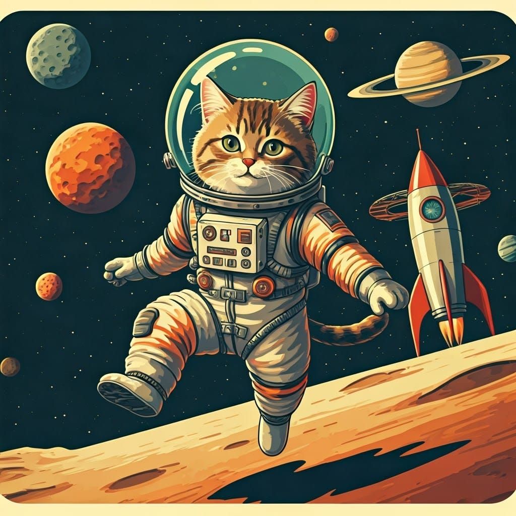 Retrofuturistic Space Cat Blasts Off with Determined Gaze