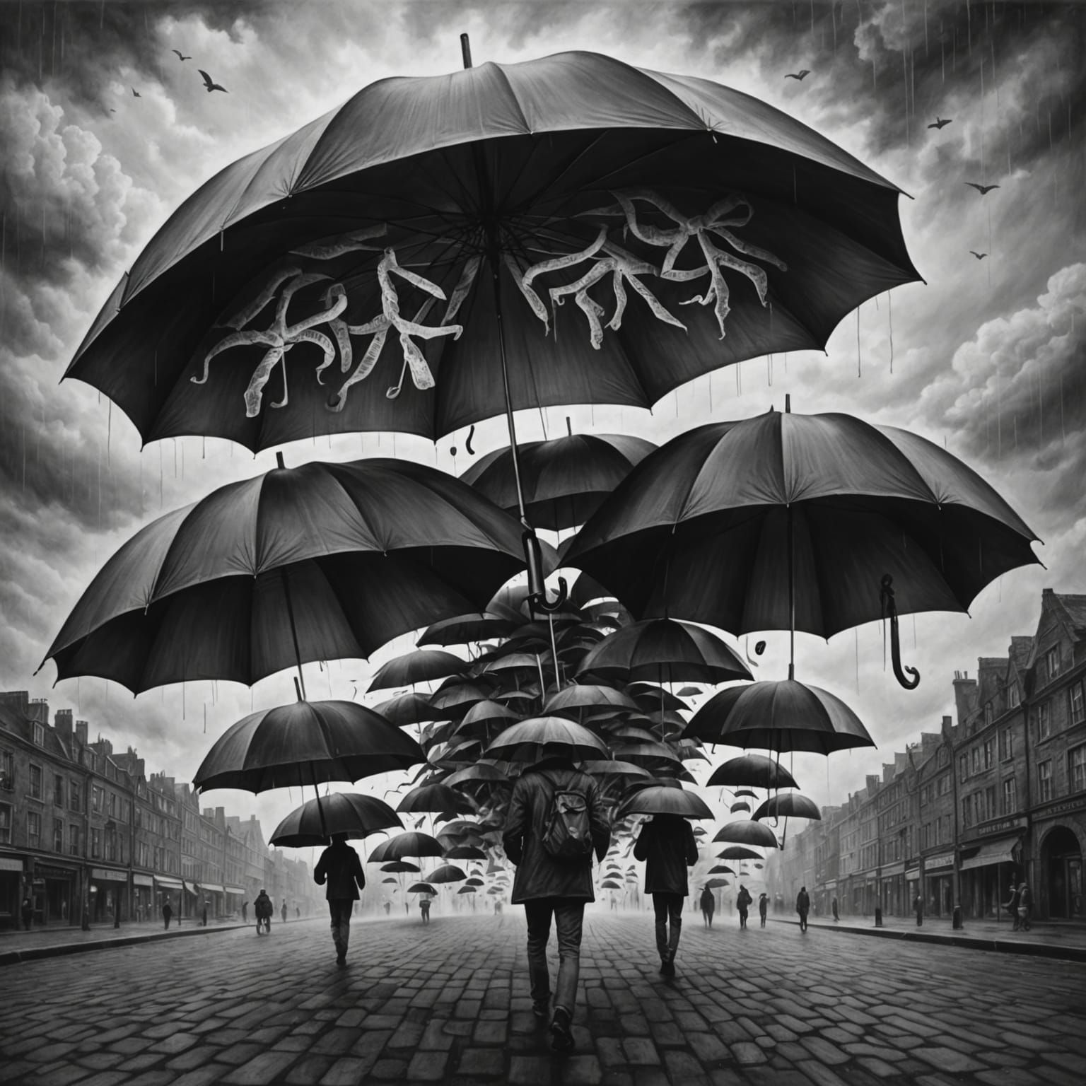 Dark Umbrella in Charcoal Drawing Style