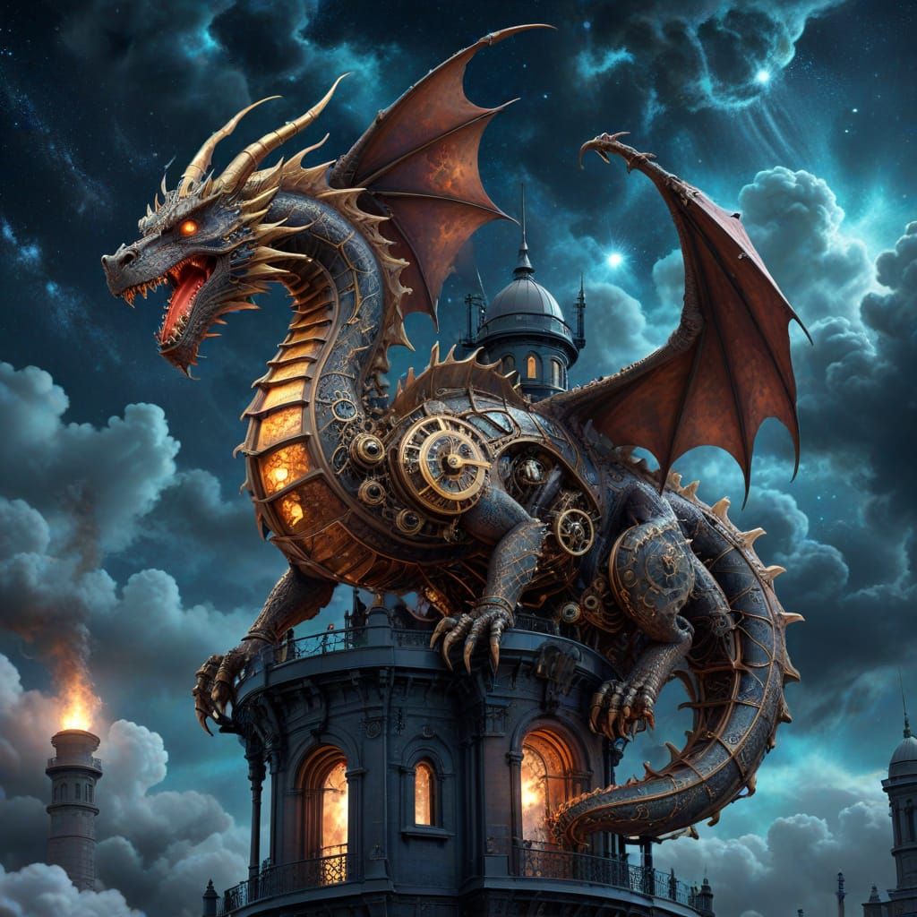Clockwork Dragon Over Victorian Observatory in Steampunk Sty...