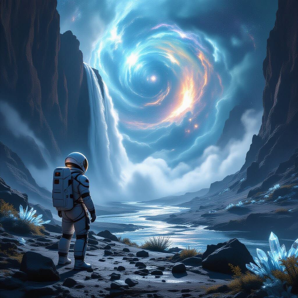 Astronaut on Alien Planet Overlooking Cosmic Waterfall
