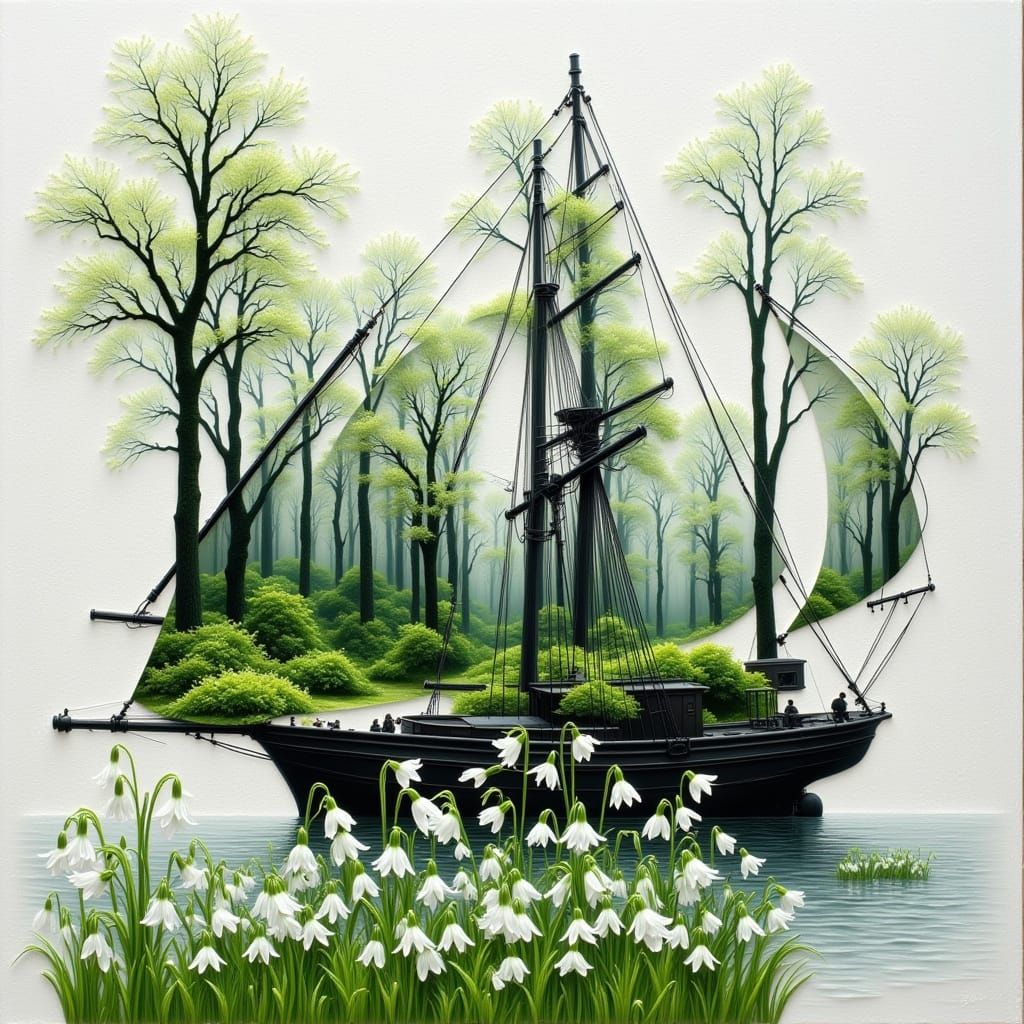 Sailboat in Spring Forest Landscape