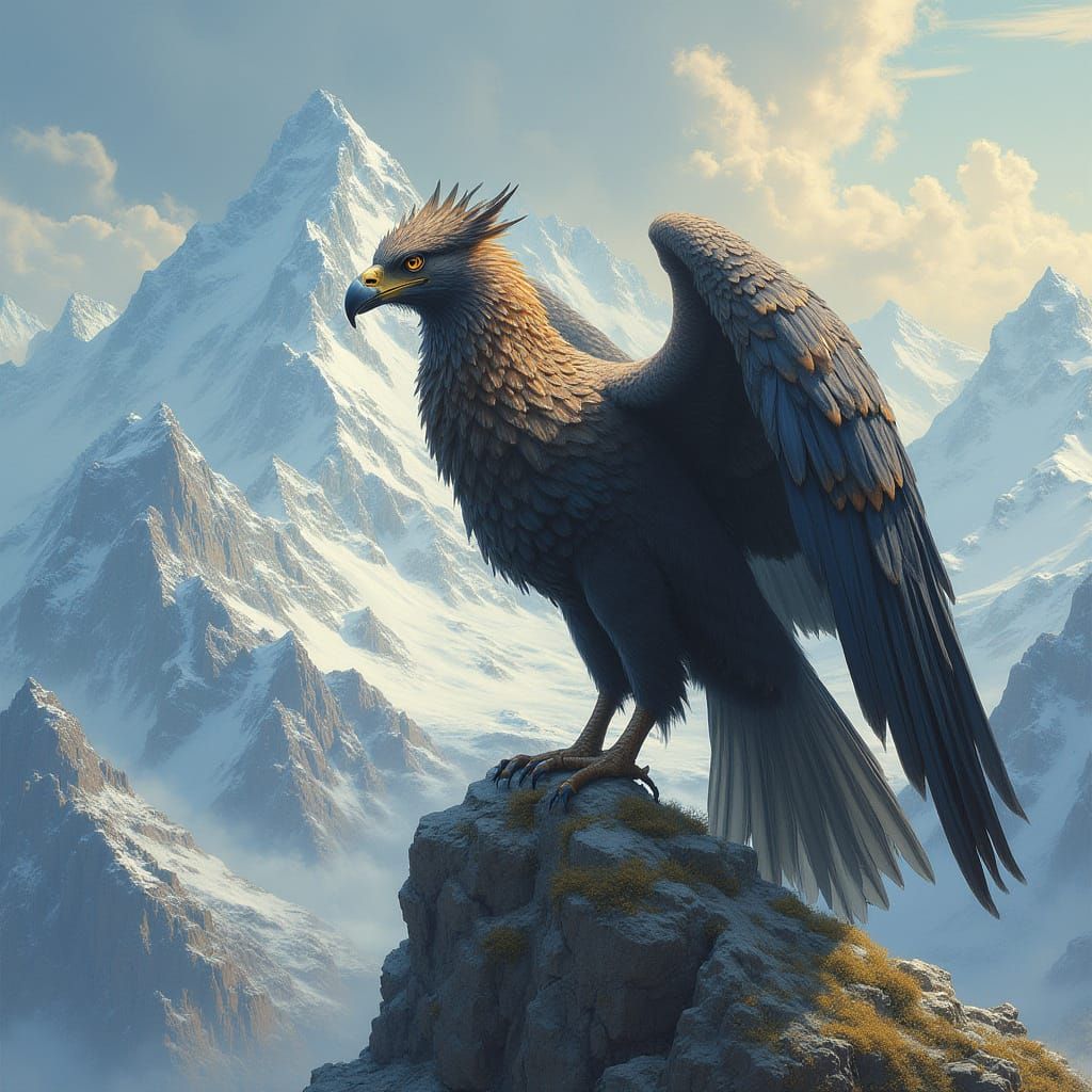 Griffin with Iridescent Feathers on Mountain Peak
