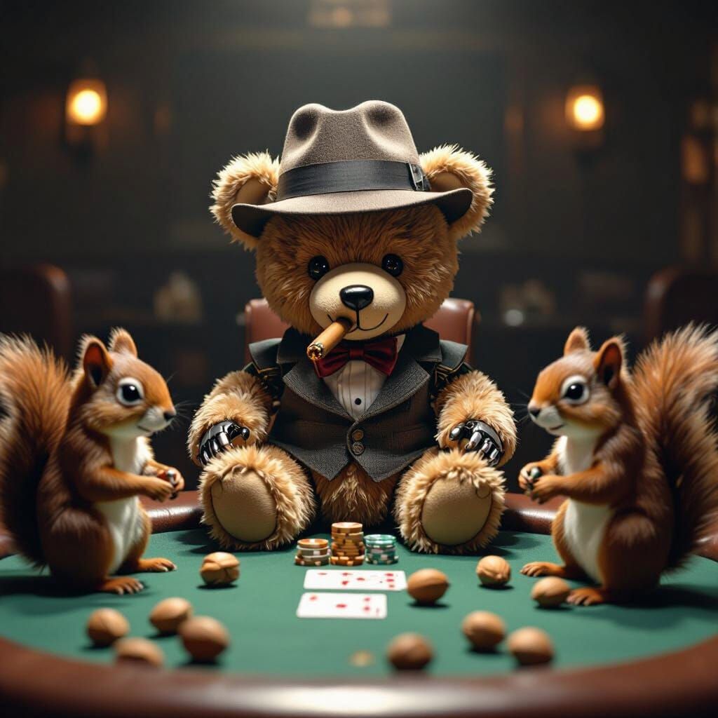 Robot Teddy Bear Plays Poker in Film Noir Style