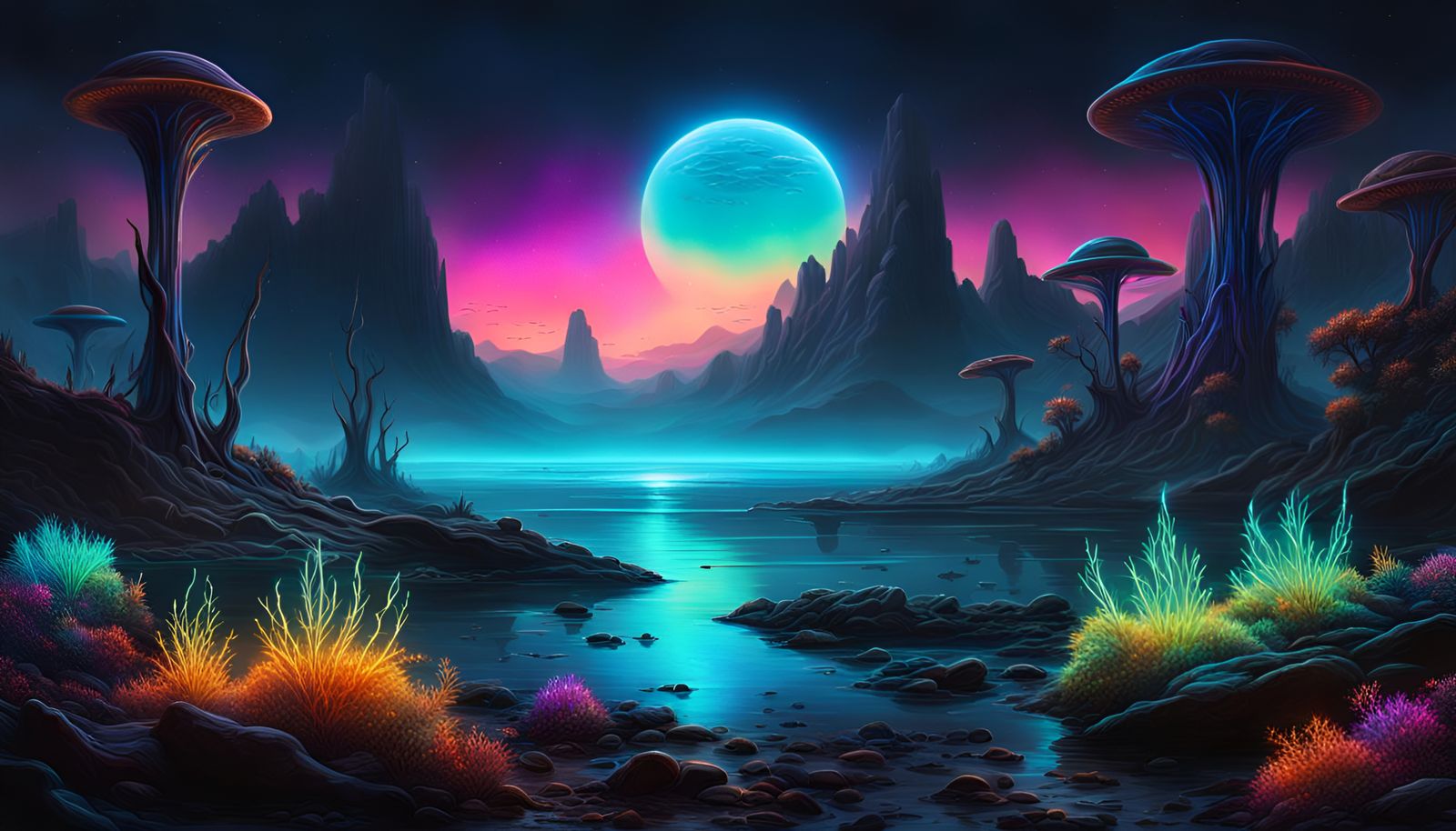 Bioluminescent Alien Planet in Mesmerizing Iridescent Hues