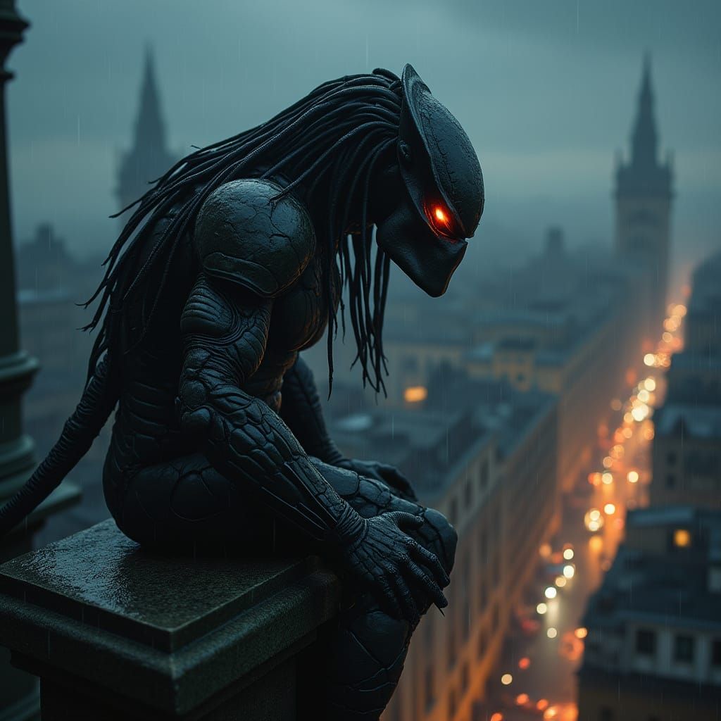 Predator Emerges from Gothic Cathedral Gargoyle in Stormy Ni...