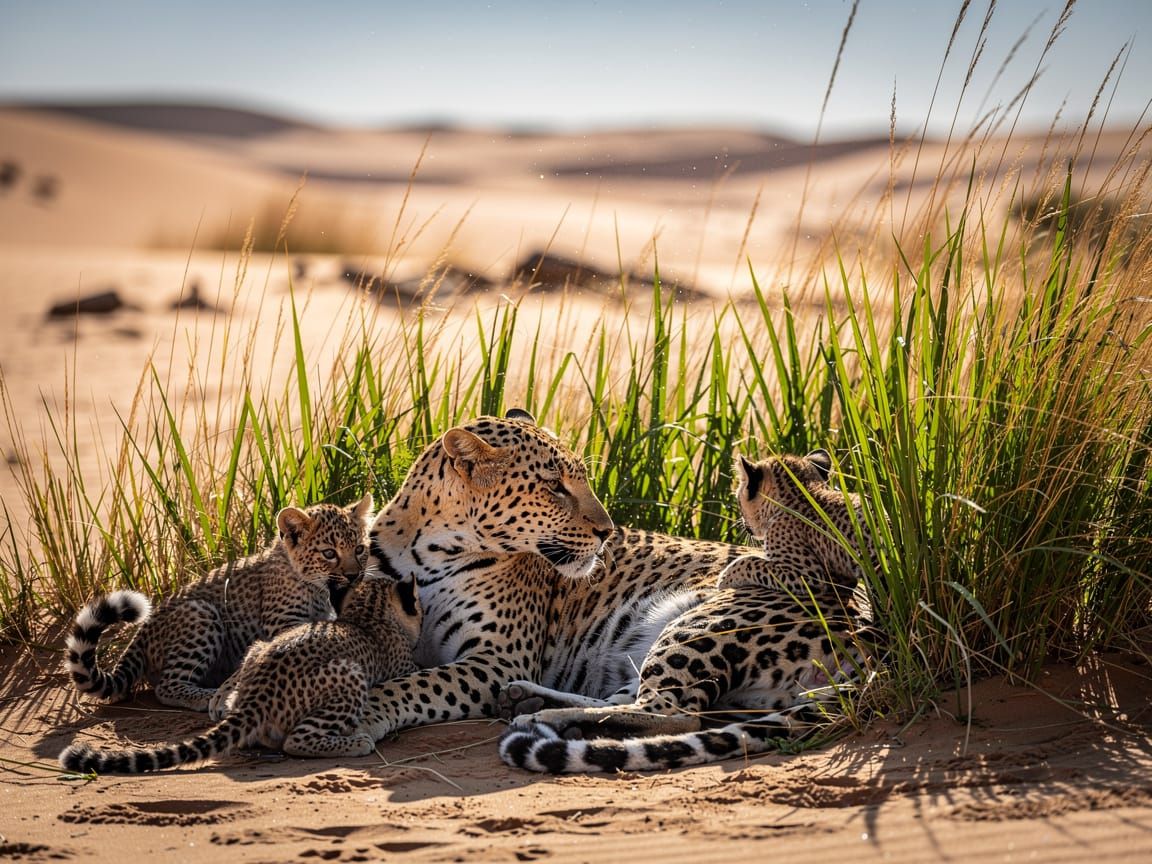 Mother Leopard and Cubs in Golden African Grass