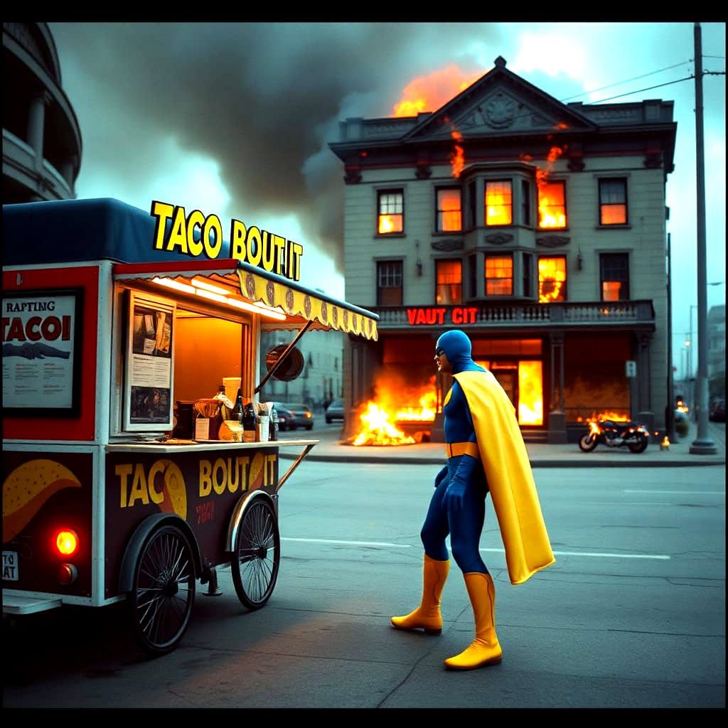 Superhero Stops for Taco Mid-Drama