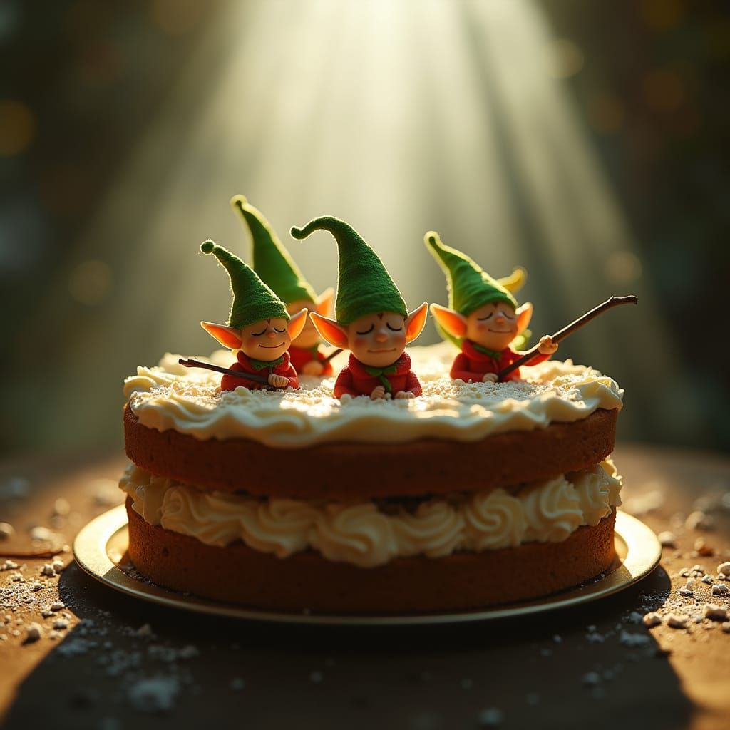 Elves Emerge from Cake in Cinematic Hyperrealism