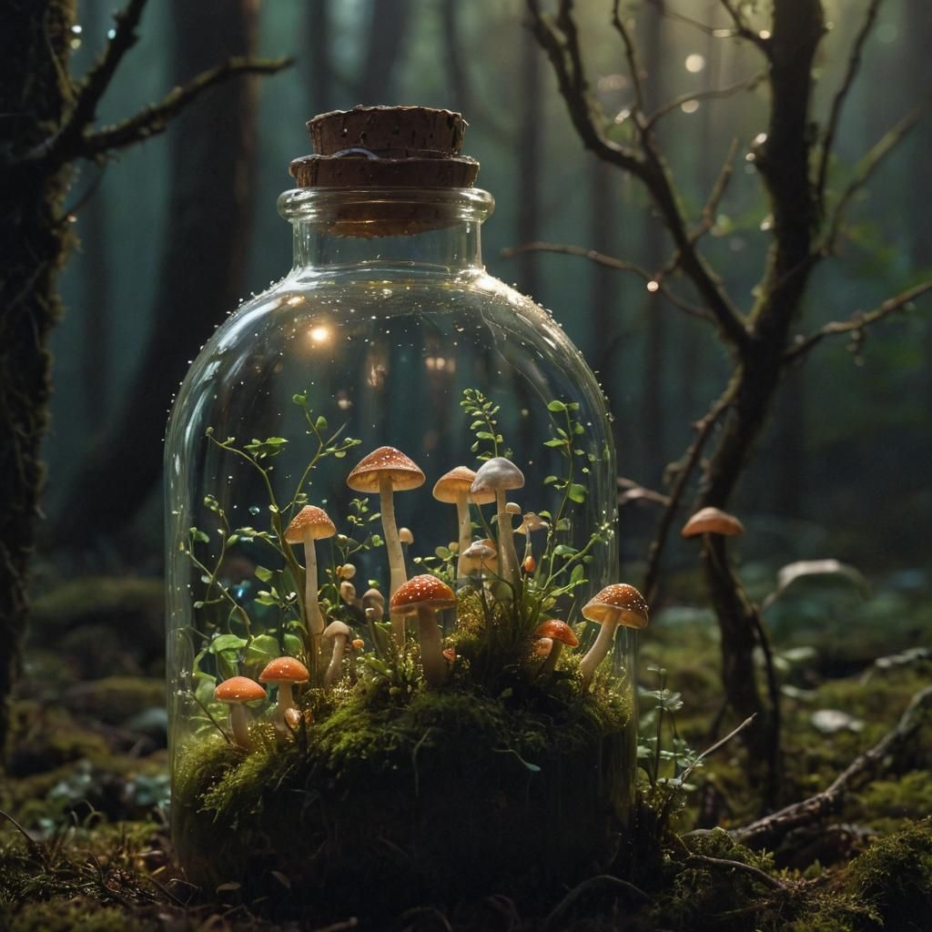 Miniature Forest in a Bottle, Glowing with Ethereal Light