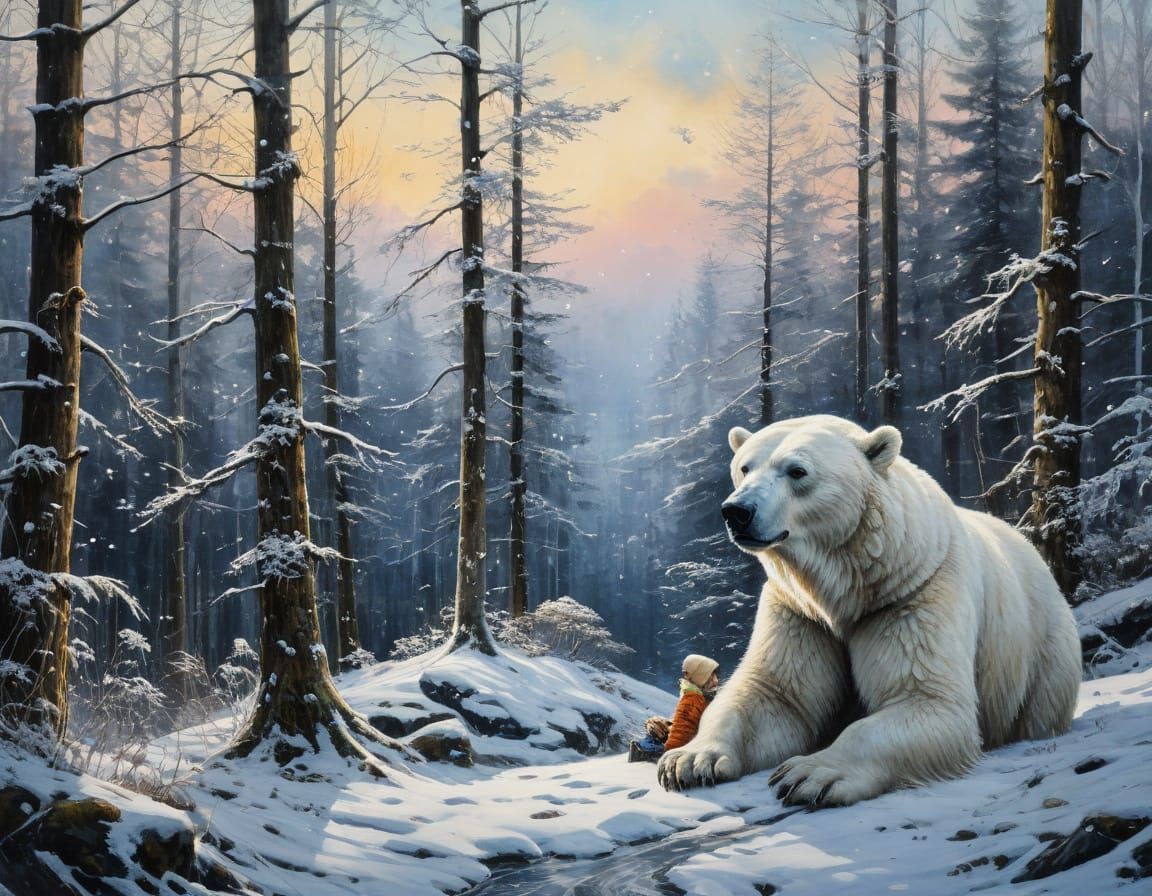 A Young Girl with a Polar Bear in a Winter Wonderland