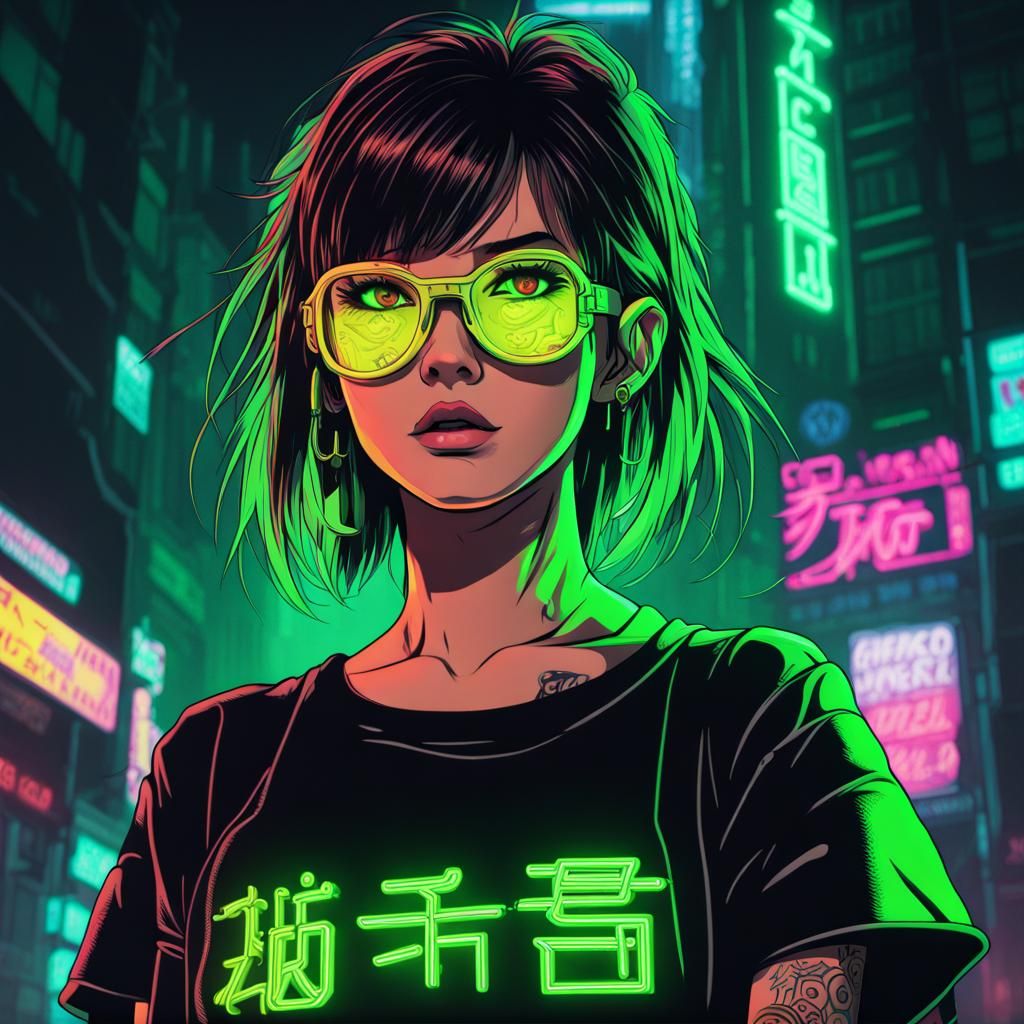 Cyberpunk Woman in Neon, Japanese Tattoo, and Glowing Eyes,...