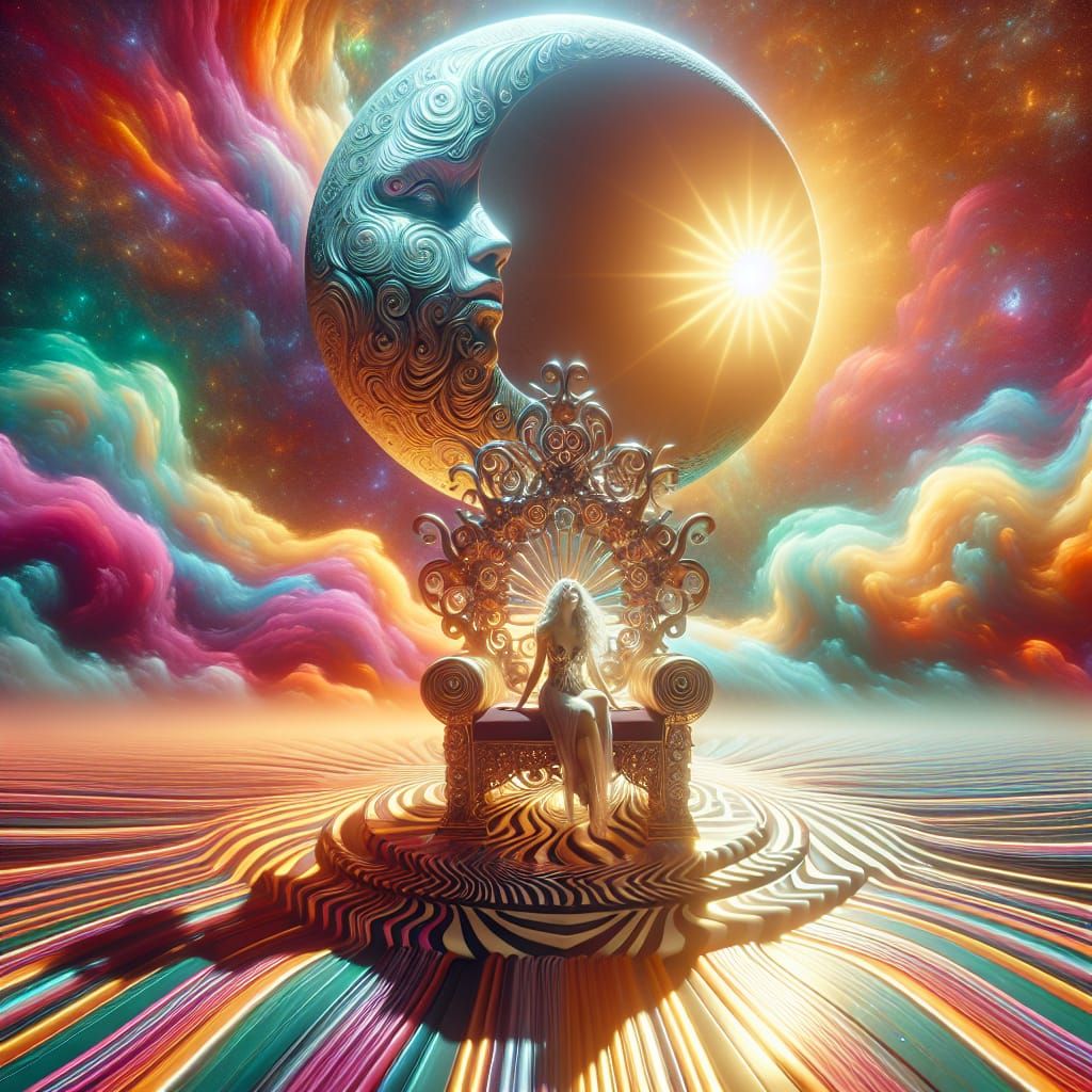 Dreamlike Planet Scene with Vibrant Sun and Moon Chair