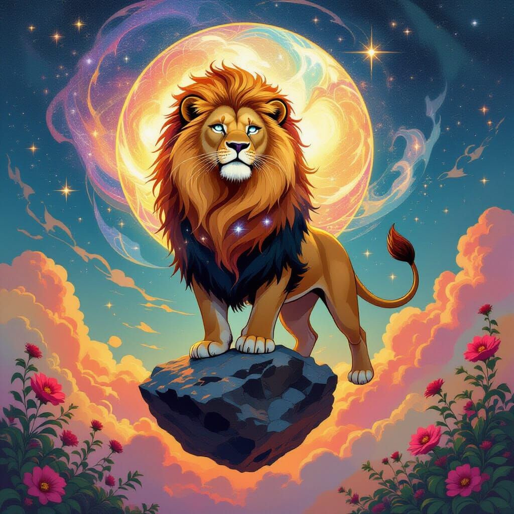 Celestial Lion in Art Nouveau Style With Star Eyes