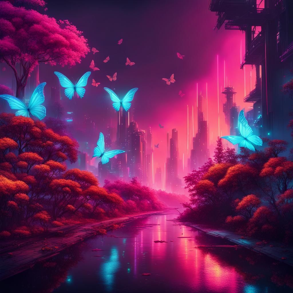 Vibrant Cyberpunk Dreamscape with Neon Blooms