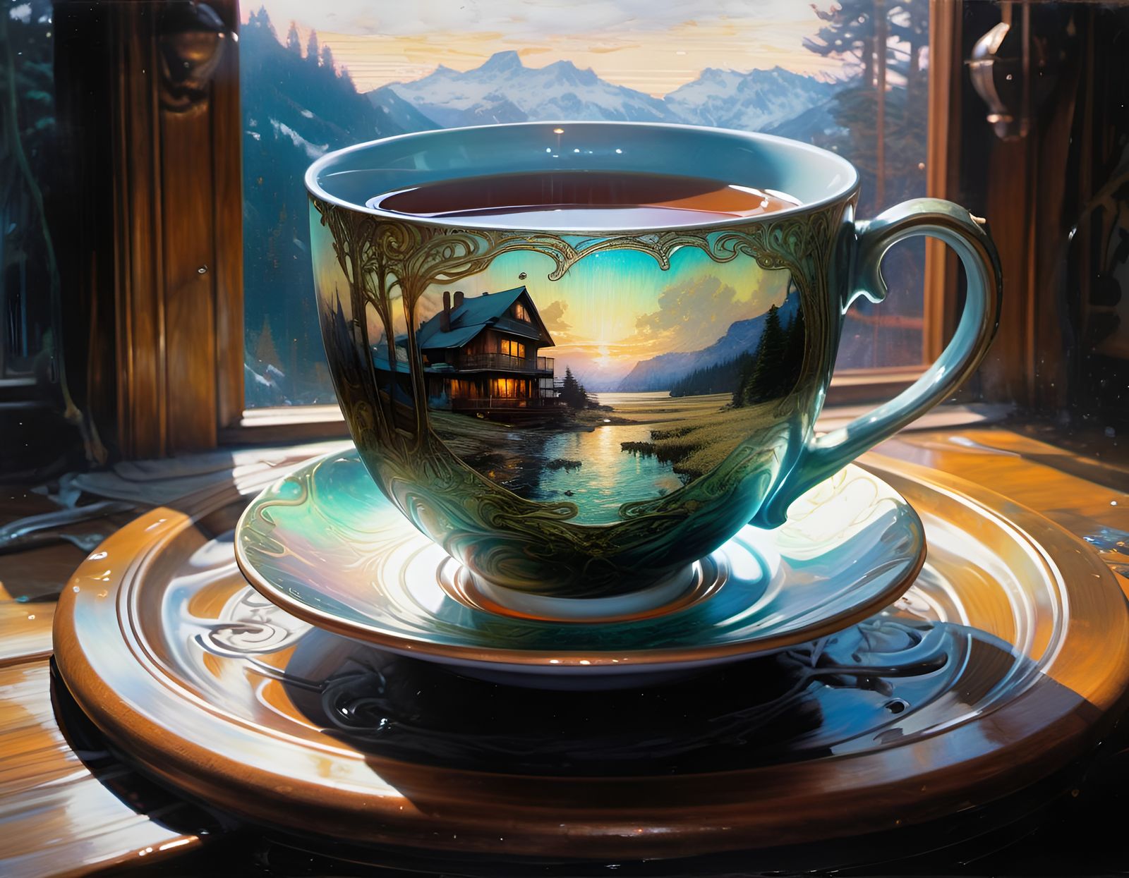 Cozy Double Exposure: Tea and Home, Art Nouveau Style