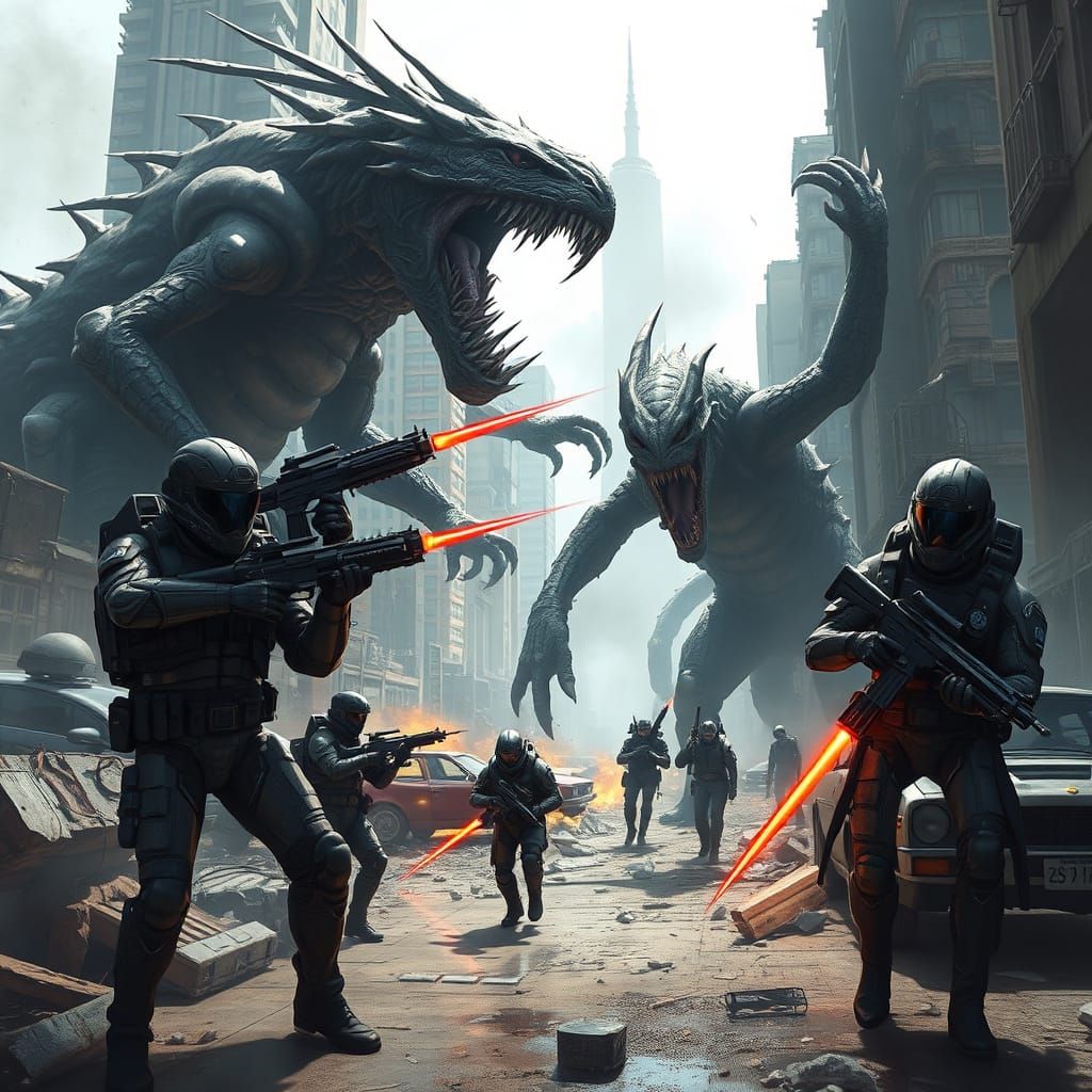 Soldiers Defend against Grotesque Kaijin in a Ruined Citysca...