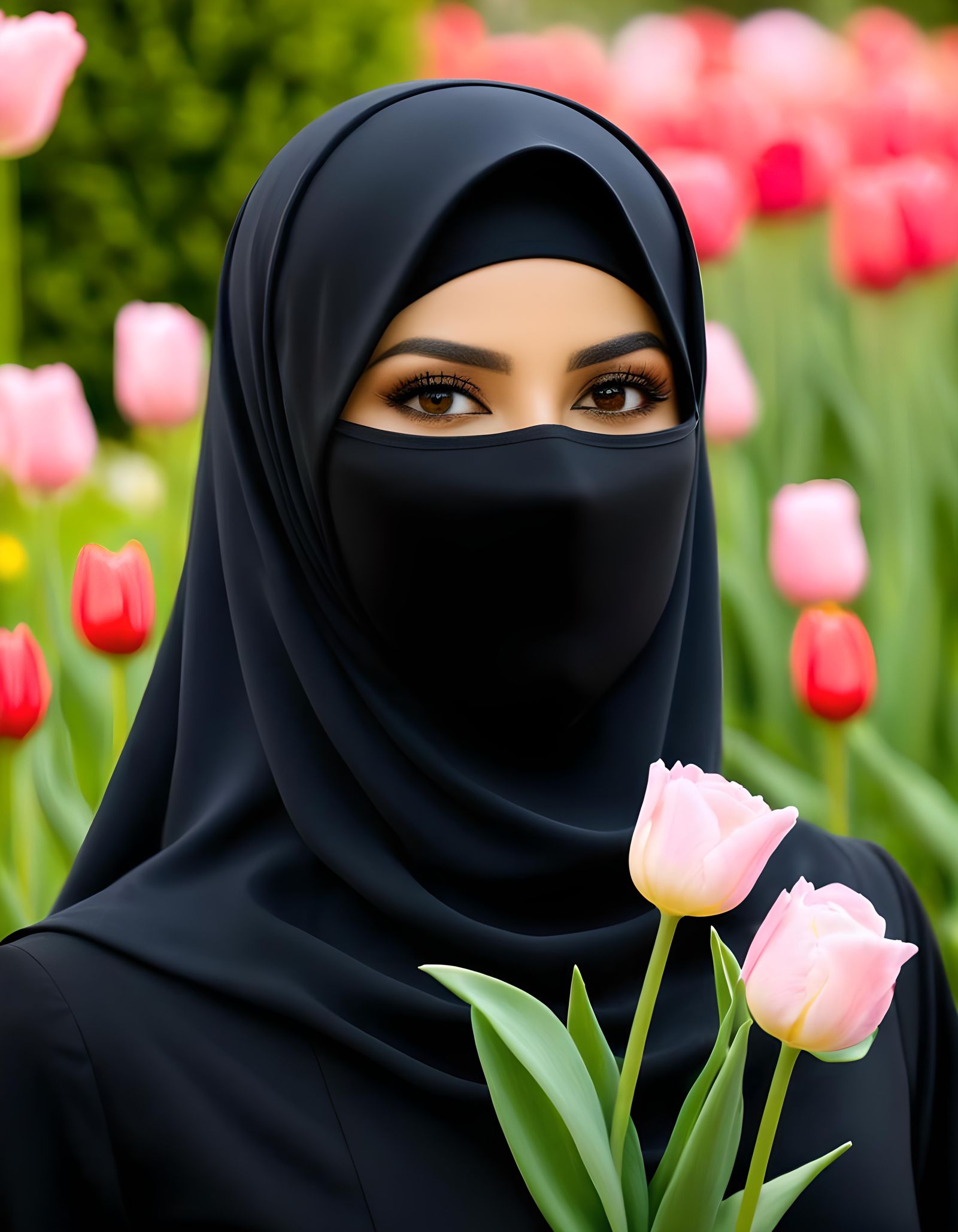 Elegant Niqabi Woman Stands Amidst Vibrant Tulips and Roses