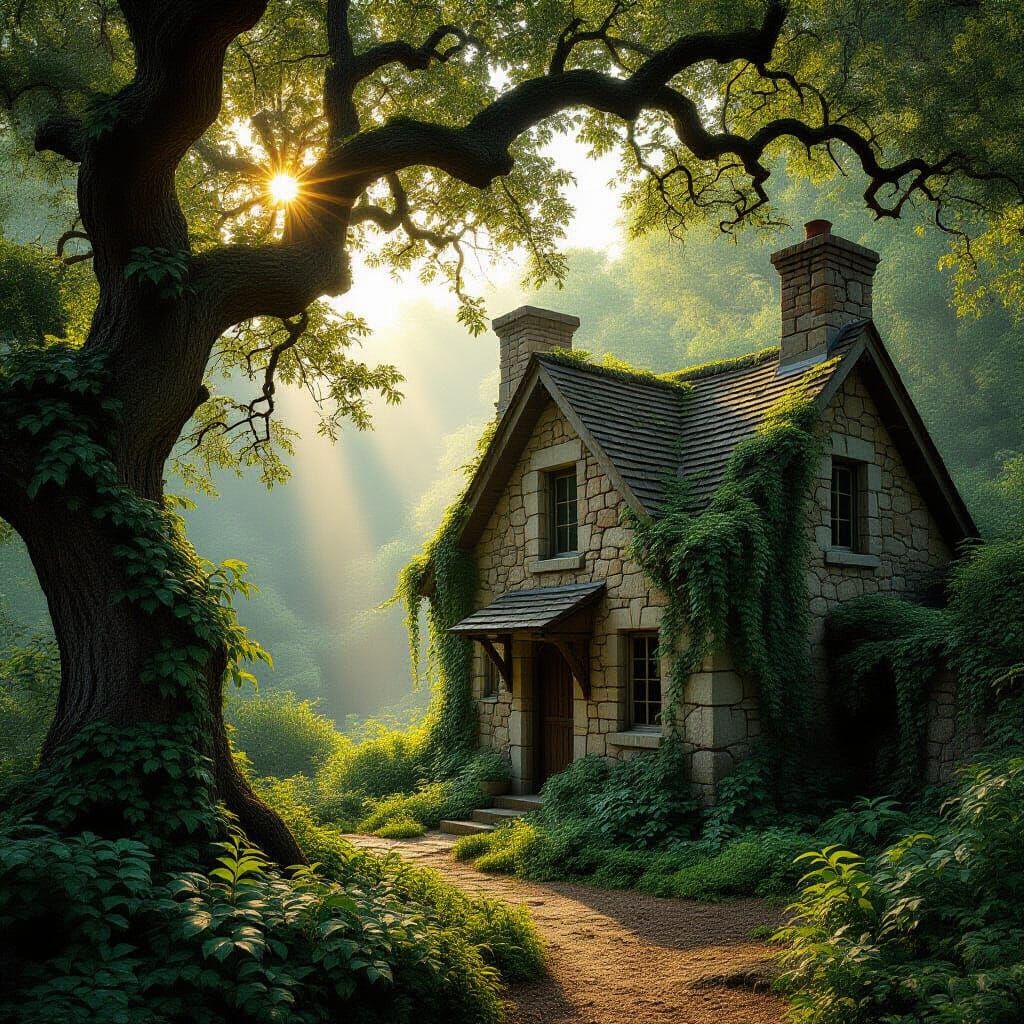 Ancient Stone House Mysteriously Lit by Sunbeams