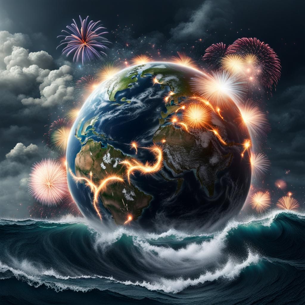 Fantasy Earth in a Cosmic Storm with Fireworks