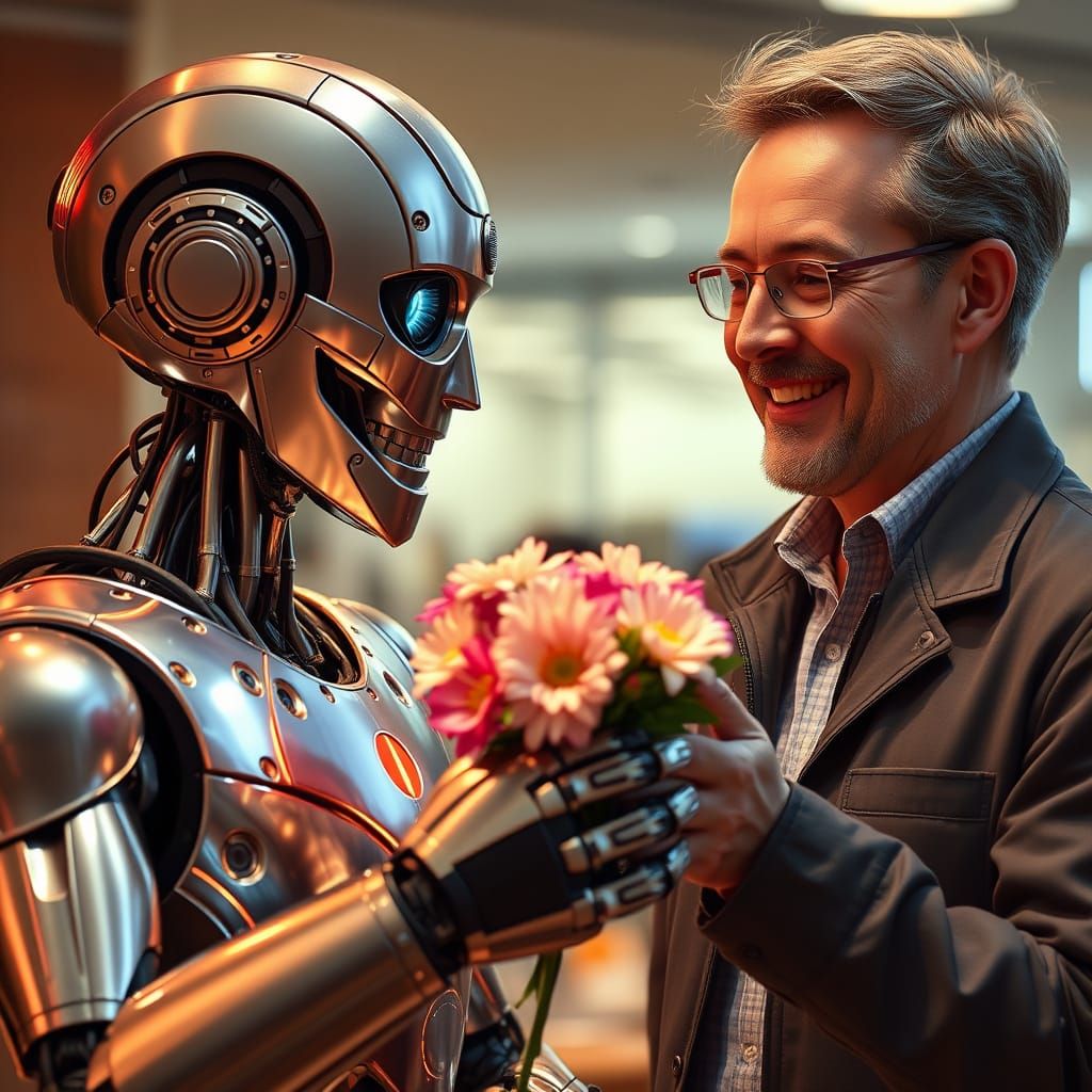 Robot Offers Flowers to Human Friend in Sci-Fi Art Style