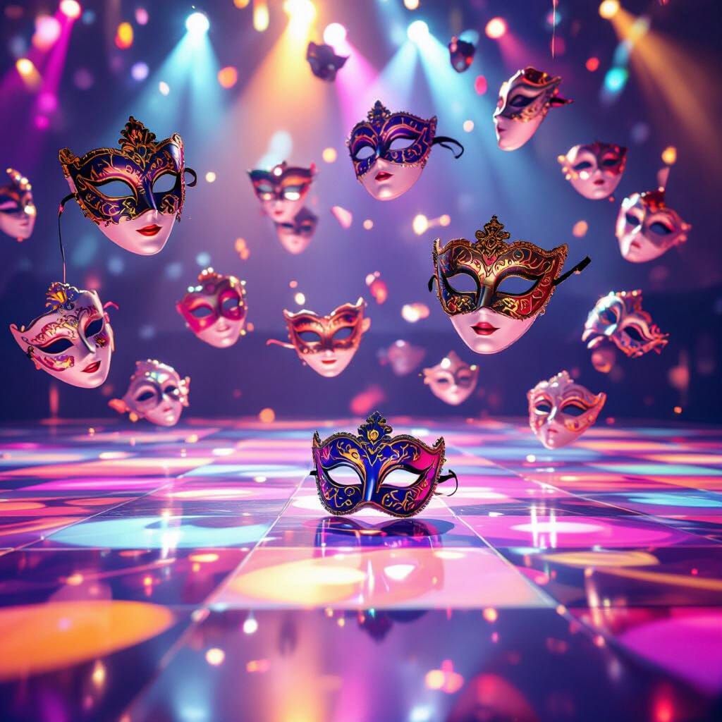 Floating Masquerade Masks Above a Vibrant Dance Floor