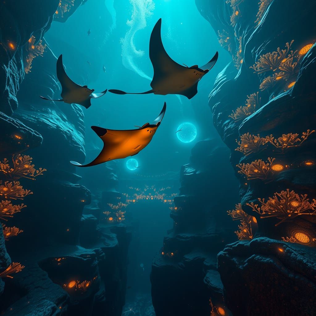 Bioluminescent Manta Rays Diving in Underwater Canyon