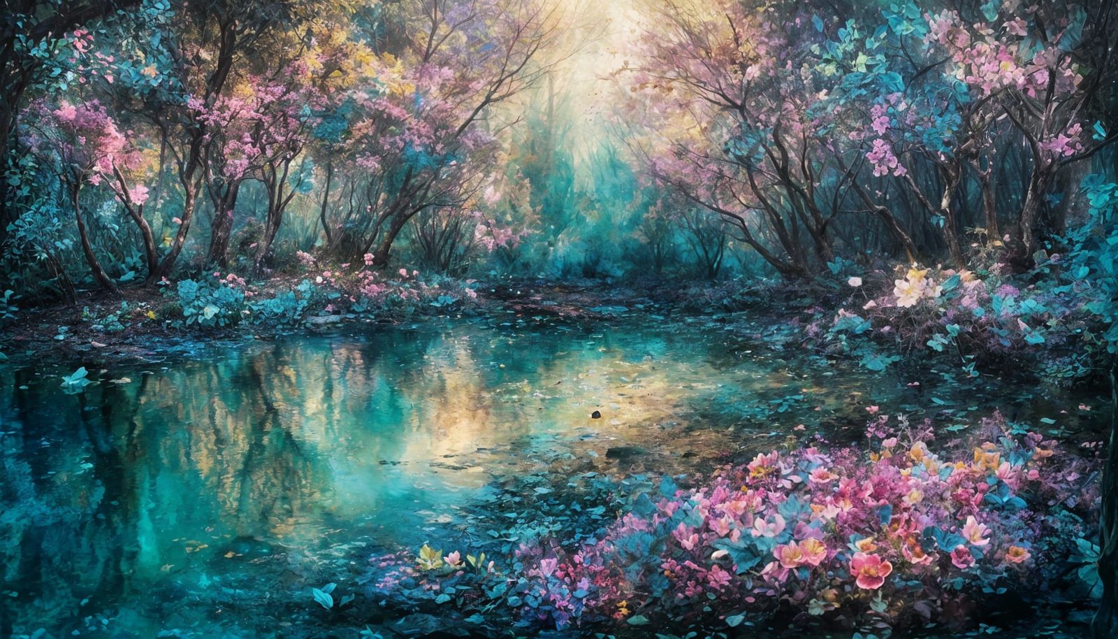 Exquisite Midnight Garden Pond Scene in Impasto Style