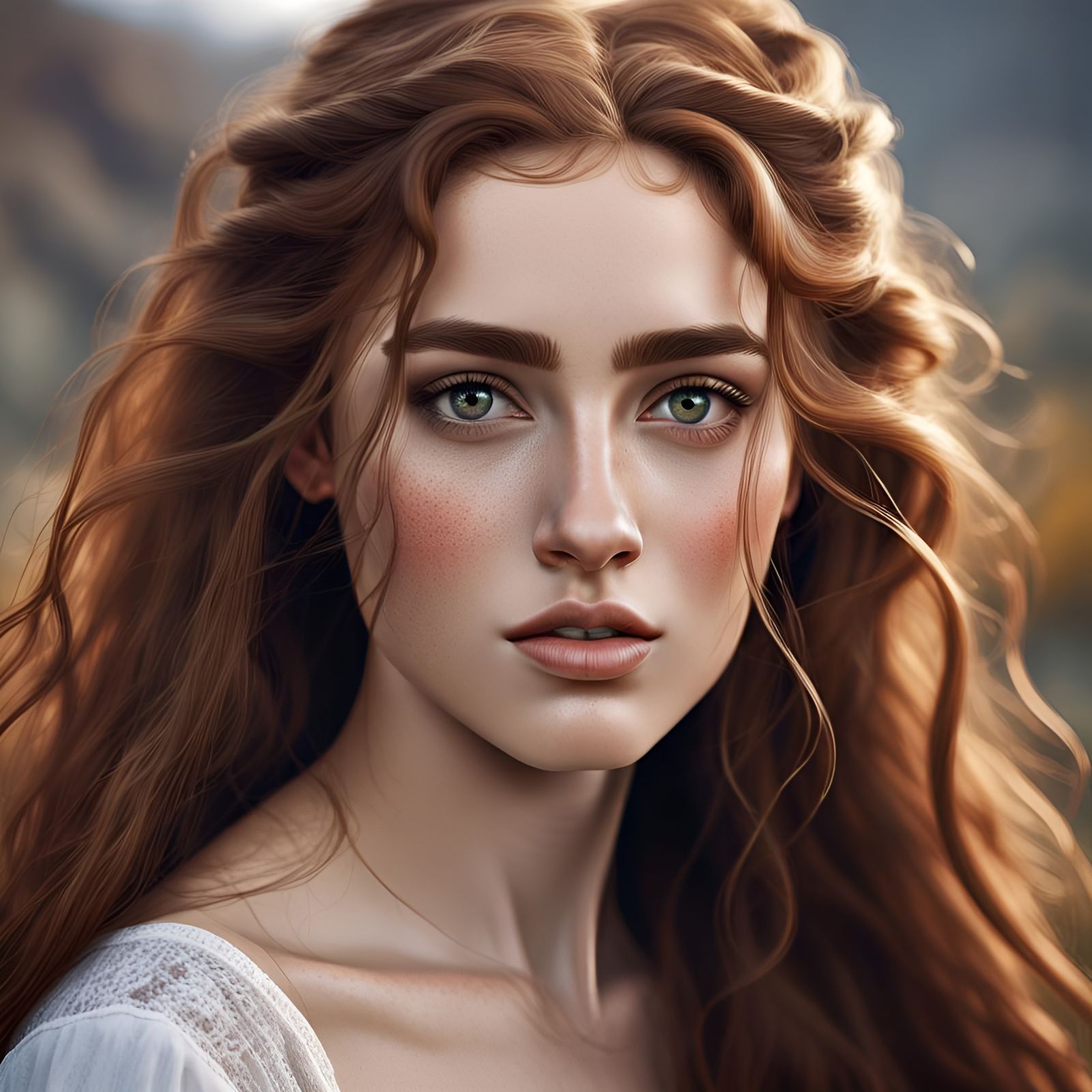 Realistic Portrait of a Freckled Armenian Woman with Long Ha...